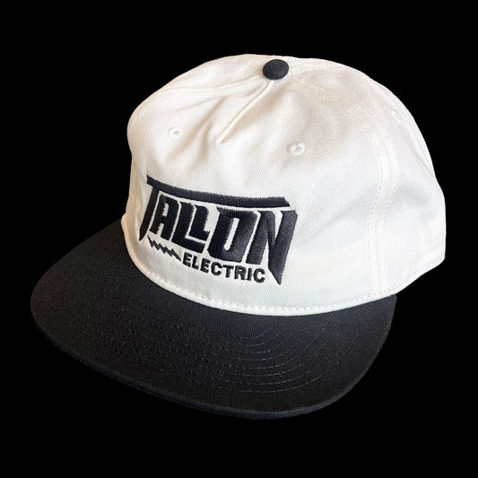 Embroidered baseball hat with a black bill and natural colored top