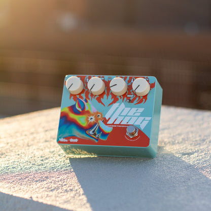 The Hog guitar pedal by Tallon Electric and Bilmuri is washed out by golden hour light cast from a blessed sunset.